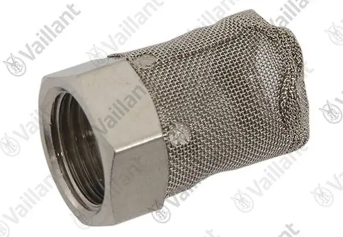 Vaillant Luftfilter aus Edelstahl mit feinmaschigem Metallgewebe, zylindrische Form, mit einem Innengewinde an einem Ende.